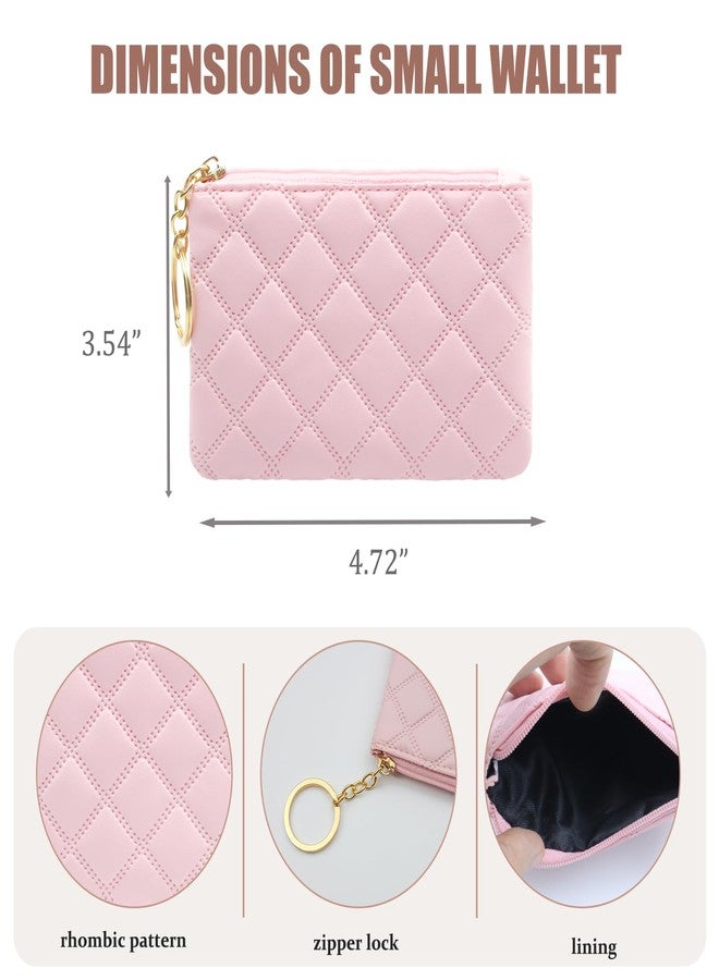Chanseen 2Pcs Small Coin Purse for Women Mini PU Leather Zipper Change Pouch Wallet Card Holder with Key Chain for Credit Card Money Key Headset Lipstick (Black, Pink) - Image 2